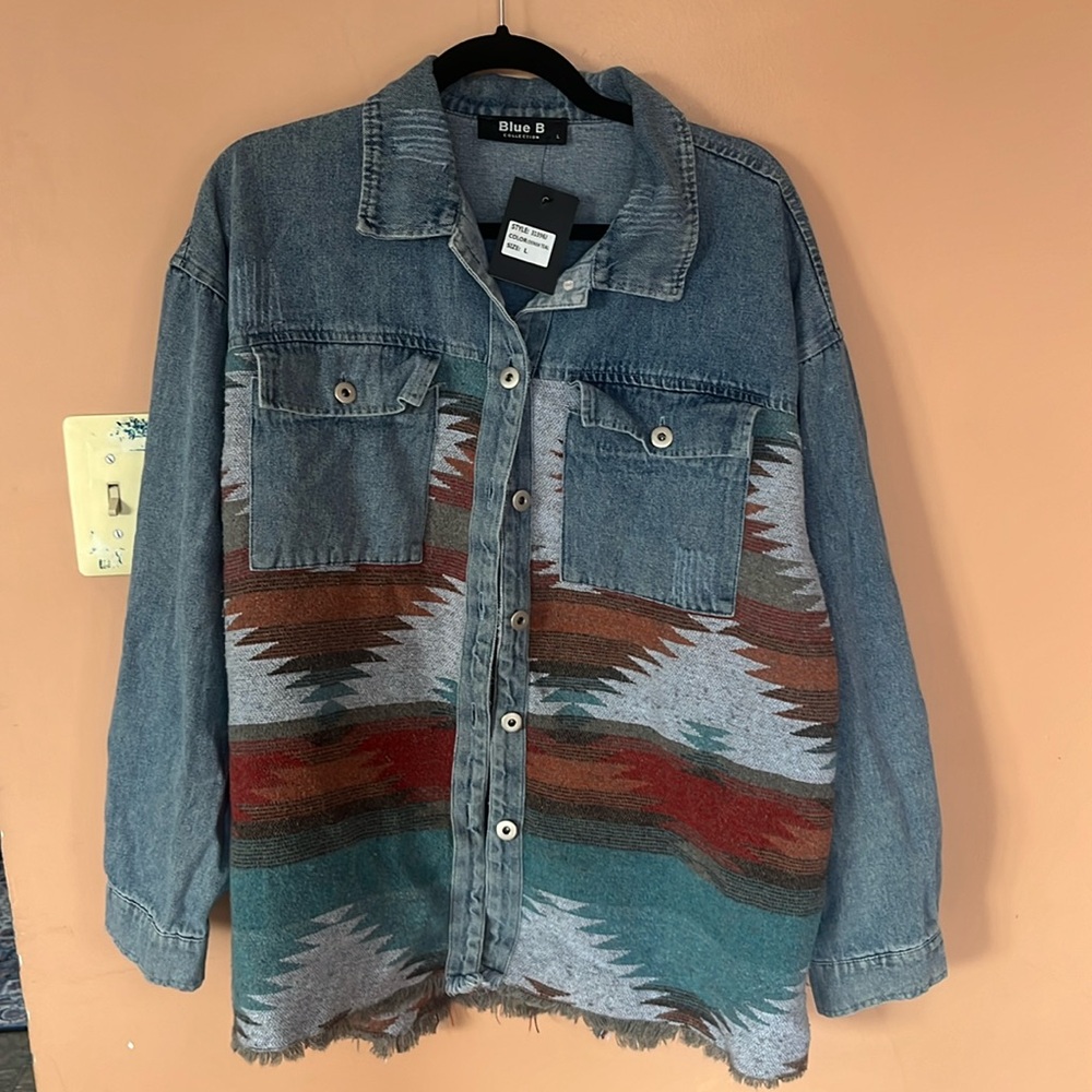 Large blue B collection Jean jacket western/aztec detail